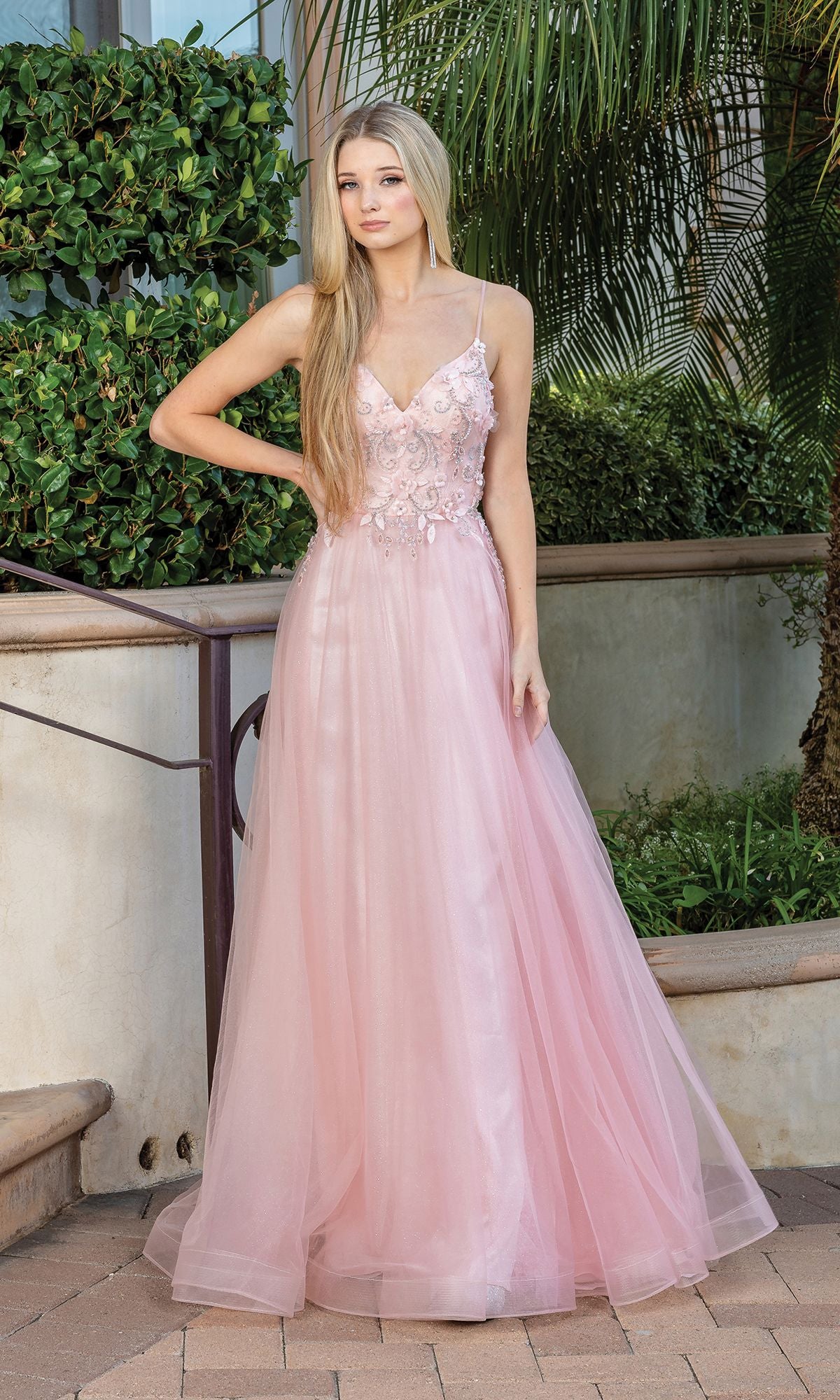 Long A-Line Tulle Prom Ball Gown with Flowers 4276