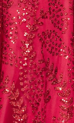 Close-up of the Short Red Glitter Hoco Dress: Blondie Nites 4279BN, featuring shiny sequins in a leafy pattern—perfect for homecoming or any sparkling red party look.