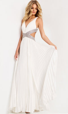 A woman wearing the Jovani 42811 Long Prom Dress, featuring sleeveless chiffon, a plunging neckline, silver embellished waistband, and cut-out sides, stands against a plain background.