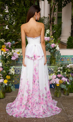 Ava Presley 43001 strapless white A-line prom dress with a beaded bodice, a back bow detail, and a pink floral print on the floor-length skirt.