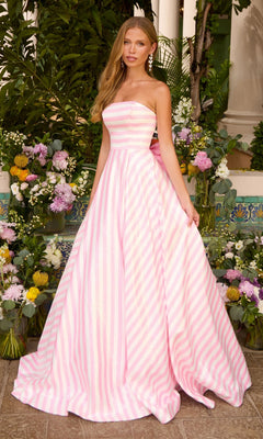 A woman wears an Ava Presley 43010 strapless, floor-length prom ball gown with a pink and white diagonal stripe pattern.