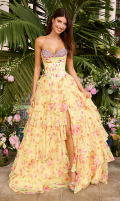 Ava Presley 43034 floor-length floral prom dress featuring a sequined sweetheart corset bodice, a yellow floral-print pattern, and a tiered ruffled skirt with a high side slit.