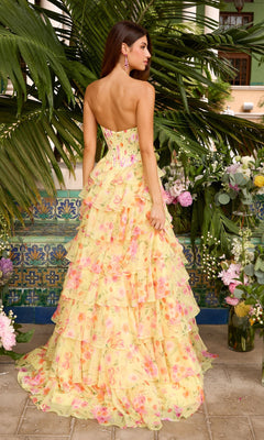 Ava Presley 43034 long prom dress featuring a strapless floor-length yellow gown with a corset bodice, a floral print, and a tiered ruffled skirt.