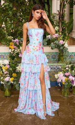 Ava Presley 43035 sleeveless light blue floral prom dress in a tiered maxi length, featuring a square neckline, beaded straps, and a high side slit.