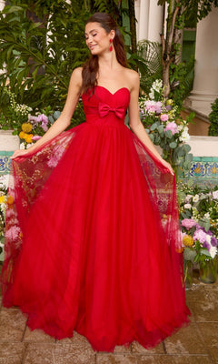Long Prom Dress: Ava Presley 43045 strapless red floor-length ball gown with a sweetheart neckline, a waist bow, and a full tulle skirt.