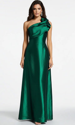 A woman in the Jovani 43048, a floor-length emerald green one-shoulder formal dress featuring ruffled detailing, stands against a plain light background.