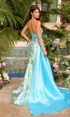 Long Prom Dress: Ava Presley 43052 featuring a strapless white bodice with a vibrant green and blue paisley pattern atop a floor-length blue satin skirt.