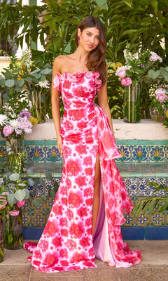 Ava Presley 43057 strapless floor-length prom gown in a pink and red floral print with a high side slit and ruffle detail at the bodice.