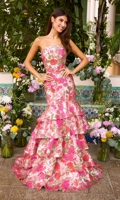 Ava Presley 43081 strapless floral mermaid prom dress featuring a red and pink pattern and a tiered, ruffled skirt.
