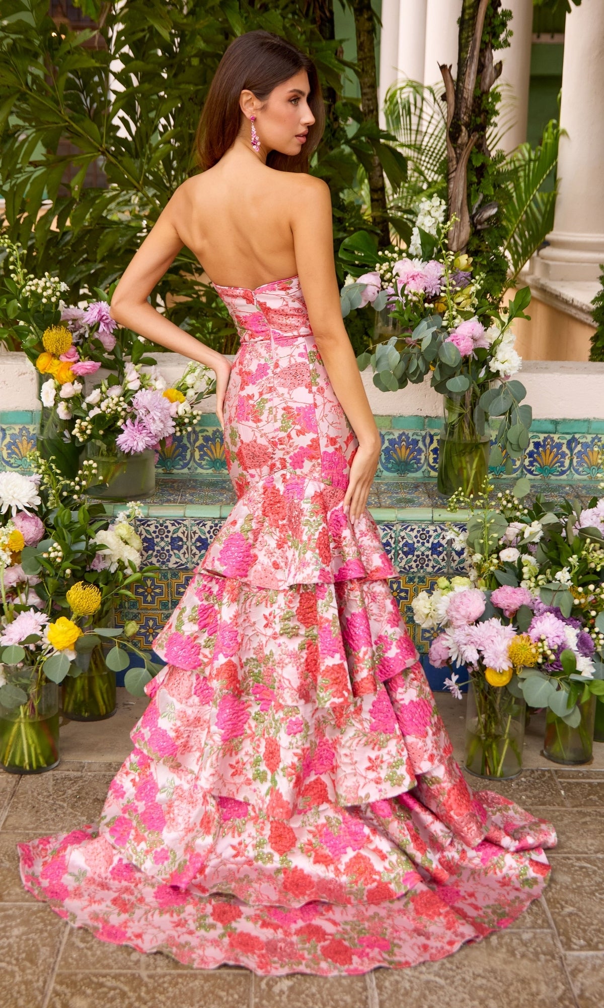 Strapless floor-length Long Prom Dress: Ava Presley 43081 in pink and red with a floral mermaid silhouette and tiered ruffles at the hem.