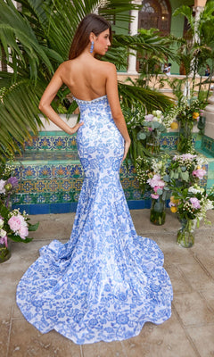 Back view of the Long Prom Dress: Ava Presley 43087, a strapless floral mermaid gown in a floor-length blue and white print.