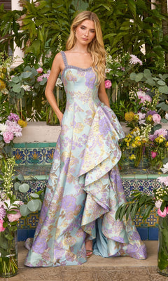 Long Prom Dress: Ava Presley 43090 in light blue and lilac, featuring a sleeveless floral-print design, beaded neckline, and a tiered, ruffled skirt.
