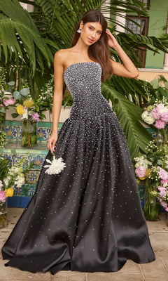 Long Prom Dress: Ava Presley 43093, a strapless, floor-length black ball gown with a bodice and skirt covered in sparkling silver embellishments.