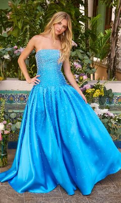 A strapless, bright blue Ava Presley 43093 ball gown with a fitted bodice and a full skirt, both covered in scattered white pearls.