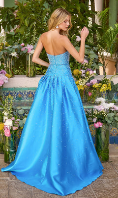 Back view of a beaded, floor-length bright blue Ava Presley 43093 ball gown.