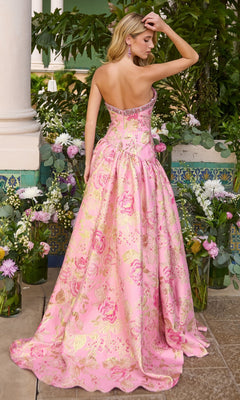 The Long Prom Dress: Ava Presley 43103 is a strapless, pink and gold floral gown featuring a sweetheart neckline and a full, floor-length ball gown skirt.
