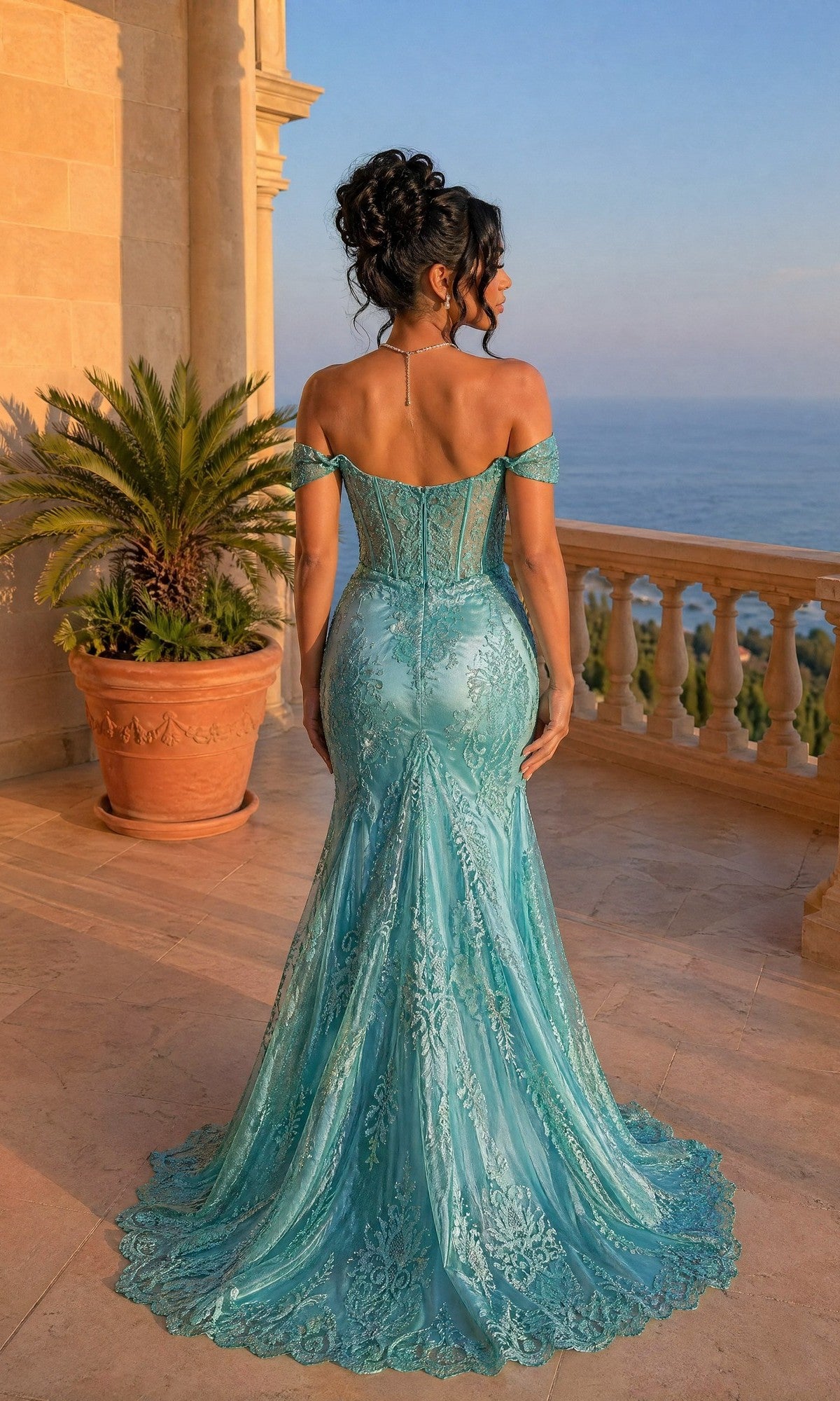 Embroidered Off-Shoulder Long Prom Dress