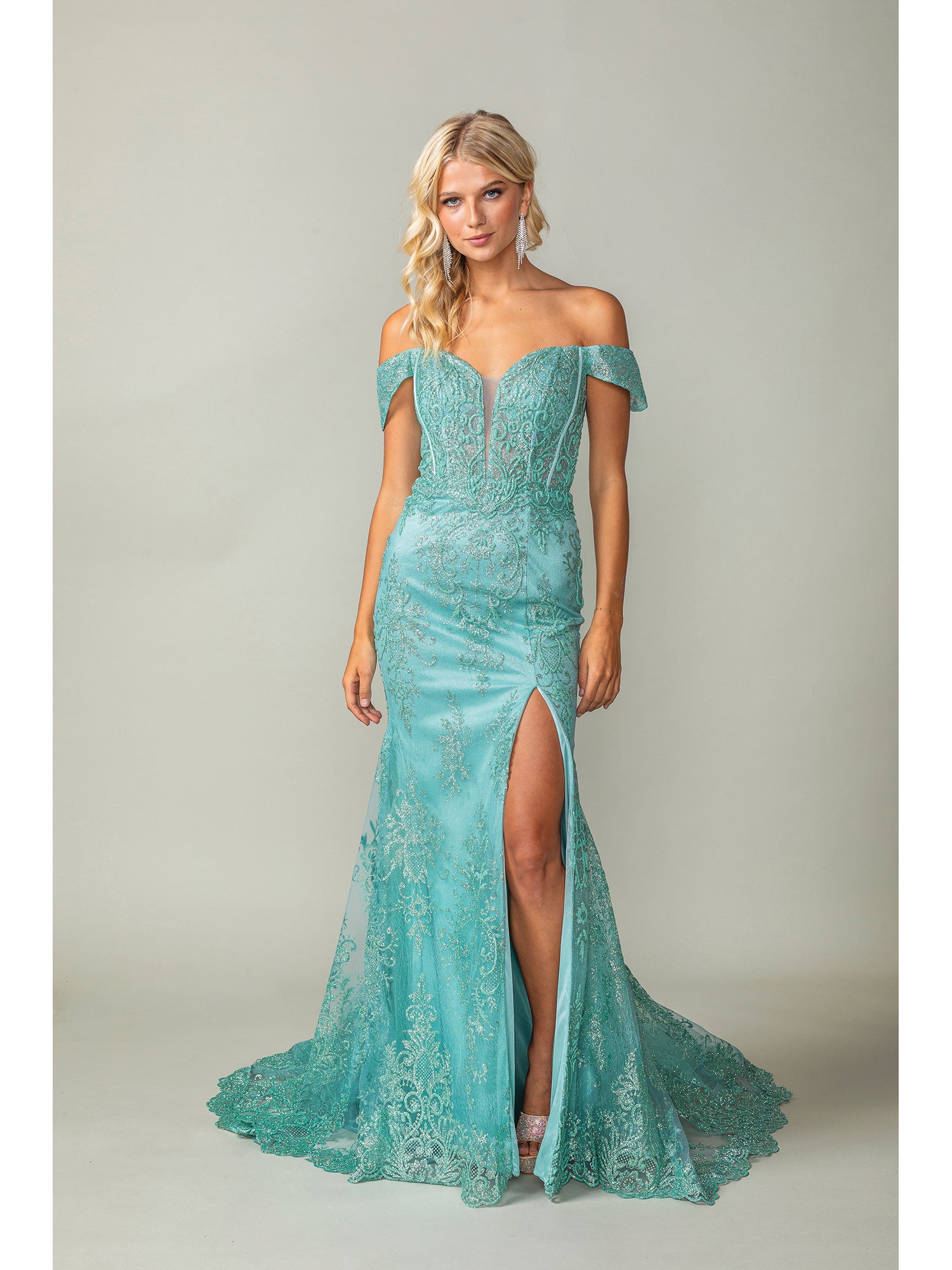 Embroidered Off-Shoulder Long Prom Dress - PromGirl