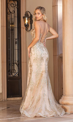 A woman wearing the Strapless Corset Glitter Long Prom Dress 4335 in light gold stands in an elegant arched hallway, showing off the strapless neckline, corset bodice, and shimmering details as she faces away from the camera.