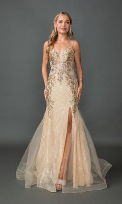 A woman poses against a gray backdrop in the Embellished Long Mermaid Formal Prom Dress 4352 in Champagne, featuring a sleeveless design, deep neckline, high leg slit, and sparkling tulle overlay.