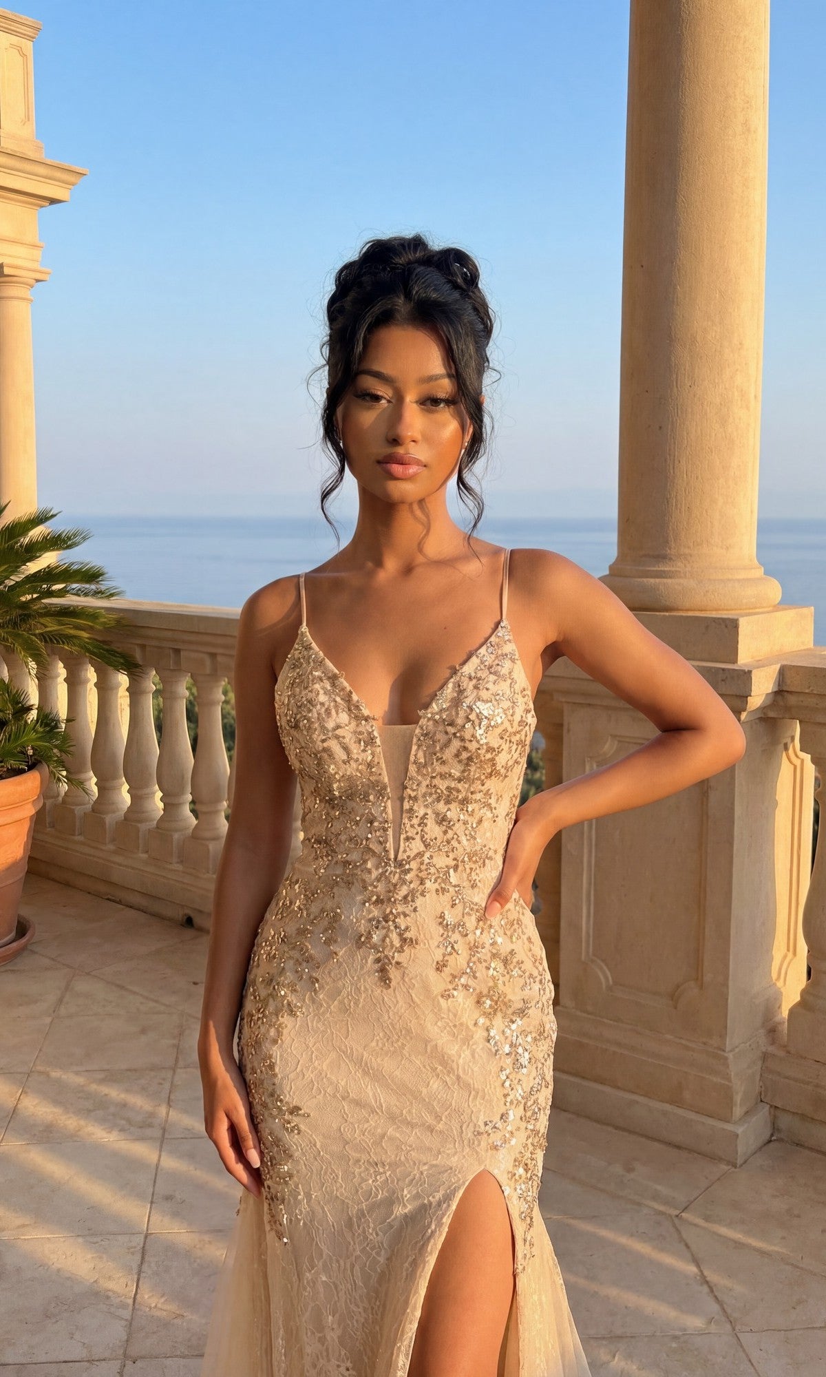 A woman in the Embellished Long Mermaid Formal Prom Dress 4352 stands on a stone balcony with columns, enjoying a scenic sunset view.