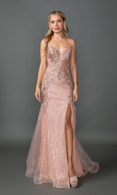 A woman stands against a gray background wearing the Embellished Long Mermaid Formal Prom Dress 4352 in rose gold, featuring a sleeveless design with sequins, deep neckline, high slit, sparkly tulle overlay, and platform heels.