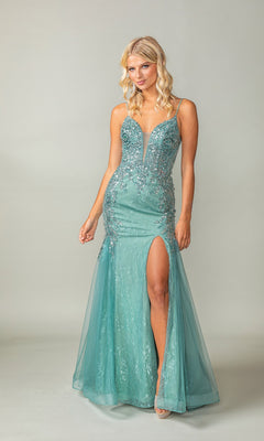 A woman models the Embellished Long Mermaid Formal Prom Dress 4352, featuring a fitted light blue design with thin straps, sequin embellishments, a sparkly tulle overlay, and a high side slit, set against a plain background.