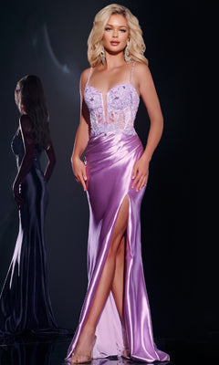 A woman poses in the Long Prom Dress: Jovani 43569, featuring a sleeveless design, lilac satin skirt with thigh-high slit, and a sheer embellished bodice; her reflection appears behind her.