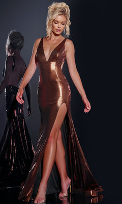 A woman wears the Jovani 43572 Backless Long Metallic Prom Dress in brown, featuring a sleeveless deep V-neck and high slit, standing against a dark background with her reflection visible behind her.