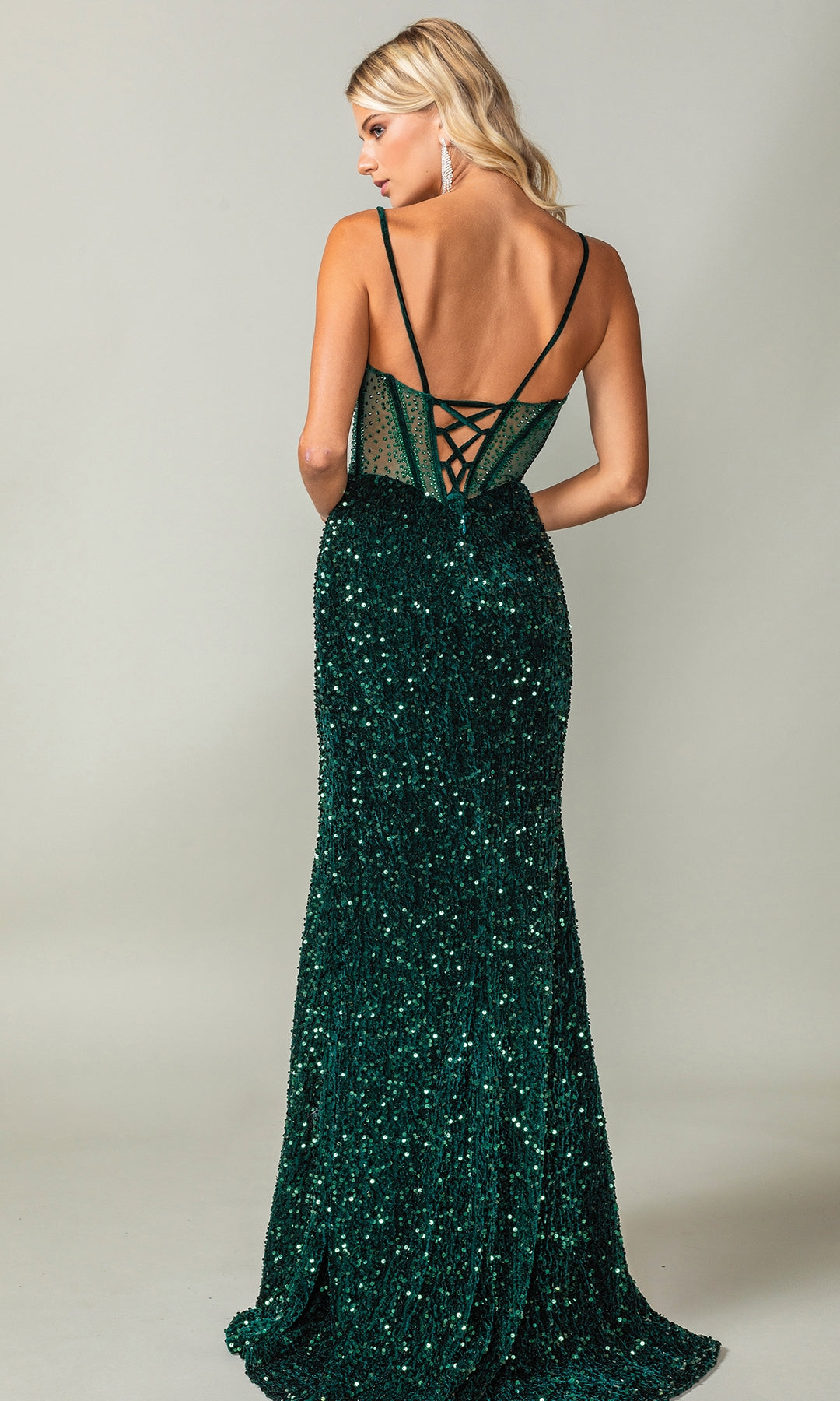 Lace-Up Long Sequin Prom Dress with Sheer Corset PromGirl Lace-Up Long Sequin Prom Dress with Sheer Corset PromGirl