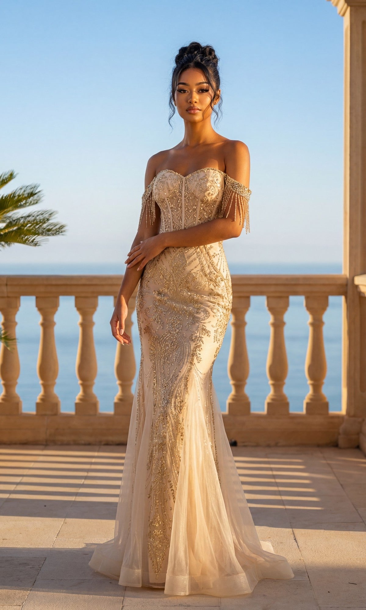 Off-the-Shoulder Long Glitter Prom Dress with Fringe PromGirl Off-the-Shoulder Long Glitter Prom Dress with Fringe PromGirl