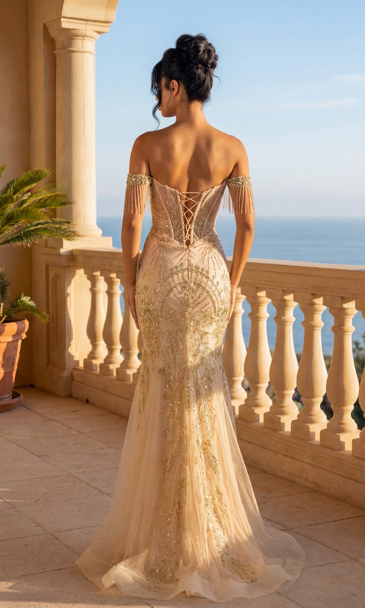 navy blue dress for baby girl Off-the-Shoulder Long Glitter Prom Dress with Fringe– PromGirl