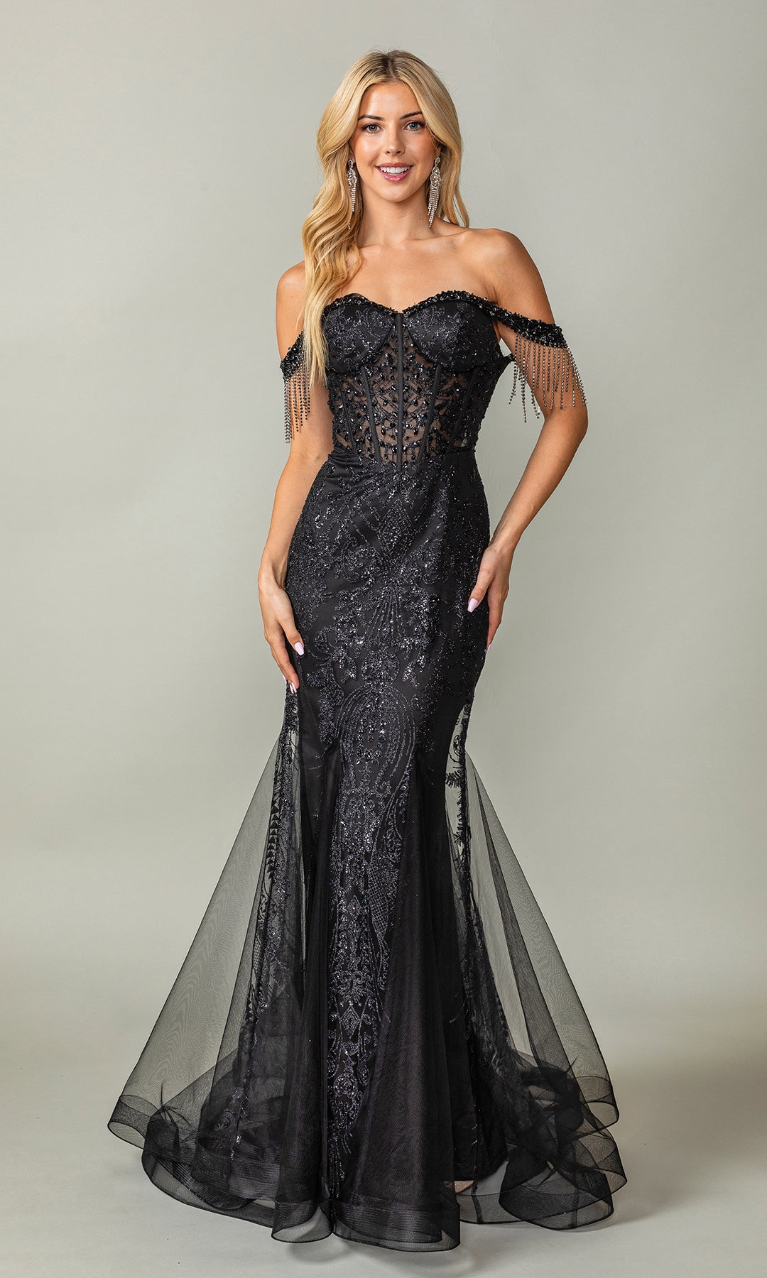 Fringe Long Glitter Prom Dress: Dancing Queen 4365 Black / XSmall