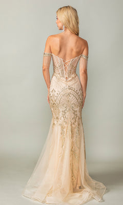 A woman wearing the Dancing Queen 4365 Fringe Long Glitter Prom Dress with gold embellishments, corset-style bodice, and lace-up back stands facing away from the camera.