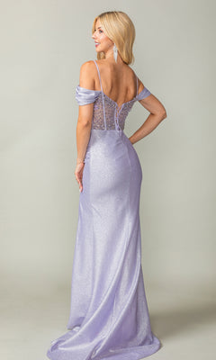 A woman stands with her back to the camera, wearing the Beaded-Corset Long Prom Dress (Dancing Queen 4367)—a light purple, off-the-shoulder gown with a fitted bodice, sheer details, and a small train.