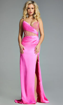 A woman models the Jovani 43681 Long Prom Dress—a bright pink evening gown with an illusion bodice, satin sheath skirt, cutout details, and thigh-high slit—standing against a plain gray background.