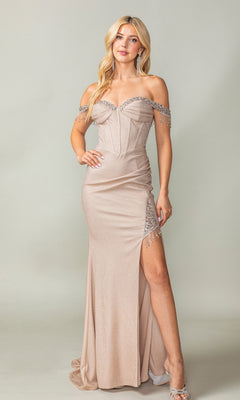 A woman wears the Fringe Long Glitter Prom Dress: Dancing Queen 4368, an off-the-shoulder gown with a shimmering finish, beaded fringe, and thigh-high slit, standing out against a plain light-colored background.