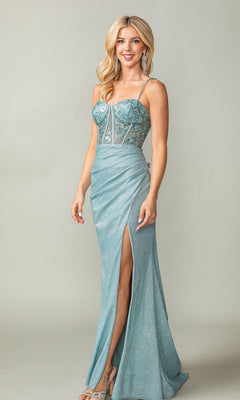 A woman models the Sheer-Corset Long Glitter Prom Dress 4369—a light blue, floor-length gown with a corset bodice, sequin accents, spaghetti straps, and a high slit—standing against a plain background.