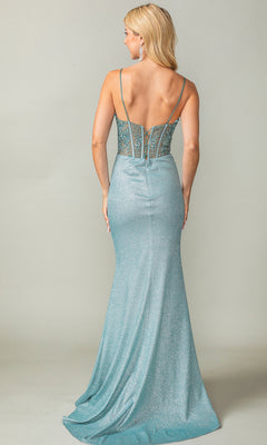 A woman in the Sheer-Corset Long Glitter Prom Dress 4369, featuring a sparkly light blue color, thin straps, corset-style bodice, and sheer lace back panel, stands facing away from the camera.
