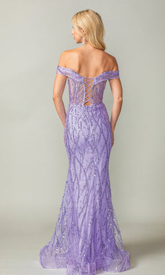 A woman faces away, wearing the Dancing Queen 4370 Glitter-Print Long Prom Dress—a lavender, floor-length gown featuring an off-the-shoulder design, sequin embellishments, and a lace-up back.