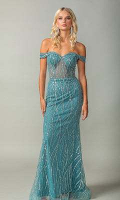 A woman wears the Glitter-Print Long Prom Dress: Dancing Queen 4370, a teal off-the-shoulder evening gown with sheer panels and wavy sequin details, its elegant silhouette flowing beautifully against a plain gray background.