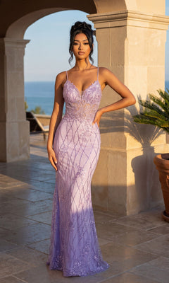 A woman stands on a sunlit terrace by the sea, wearing the Sequin-Print Long Prom Dress: Dancing Queen 4371 in lilac with thin straps—a stunning formal gown perfect for any special occasion.
