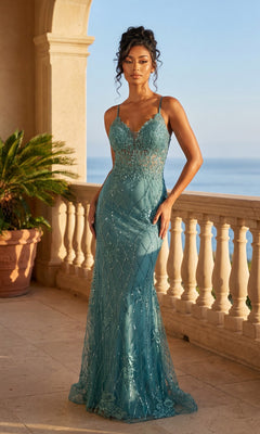 A woman in a sage Sequin-Print Long Prom Dress (Dancing Queen 4371) with thin straps stands on a balcony, the ocean and sky behind her, creating an unforgettable formal moment.