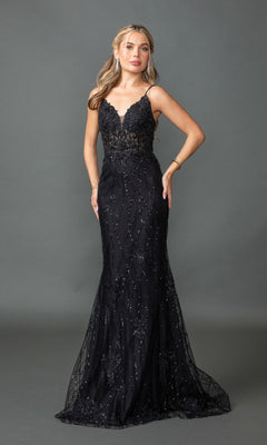 A woman poses against a gray backdrop in the Sequin-Print Long Prom Dress: Dancing Queen 4371, a sleeveless, floor-length black gown with a lace-up open back, fitted bodice, and sequin details.