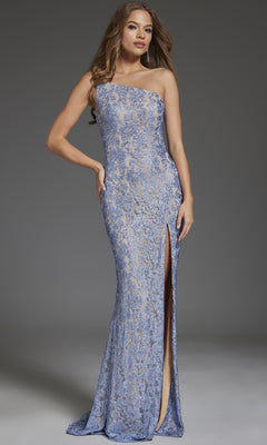 Woman in a form-fitting Jovani 43753 long prom dress featuring a one-shoulder lace design and thigh-high leg slit, standing against a plain gray background.
