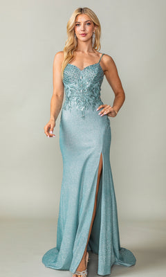 A woman wears the Dancing Queen 4375 long glitter prom dress, featuring light blue fabric, floral embroidery, thin straps, and a thigh-high slit. This elegant evening gown exudes sophistication and style on a neutral background.
