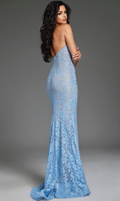 A woman with long dark hair models the Jovani 43760, a strapless floor-length light blue lace prom dress with a sweetheart neckline, standing against a plain gray background.