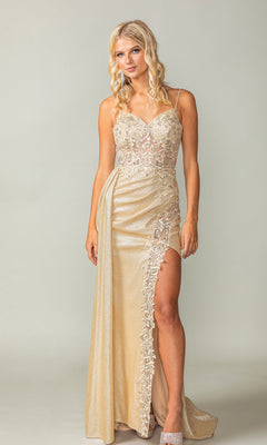 A woman stands against a plain background wearing the Draped Long Glitter Prom Dress: Dancing Queen 4377, a gold shimmery evening gown featuring a corset-style bodice, lace details, spaghetti straps, and a thigh-high slit.