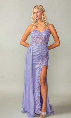 A woman stands against a plain background wearing the Draped Long Glitter Prom Dress: Dancing Queen 4377, a lavender gown with a corset bodice, spaghetti straps, lace details, thigh-high slit, and silver heels.
