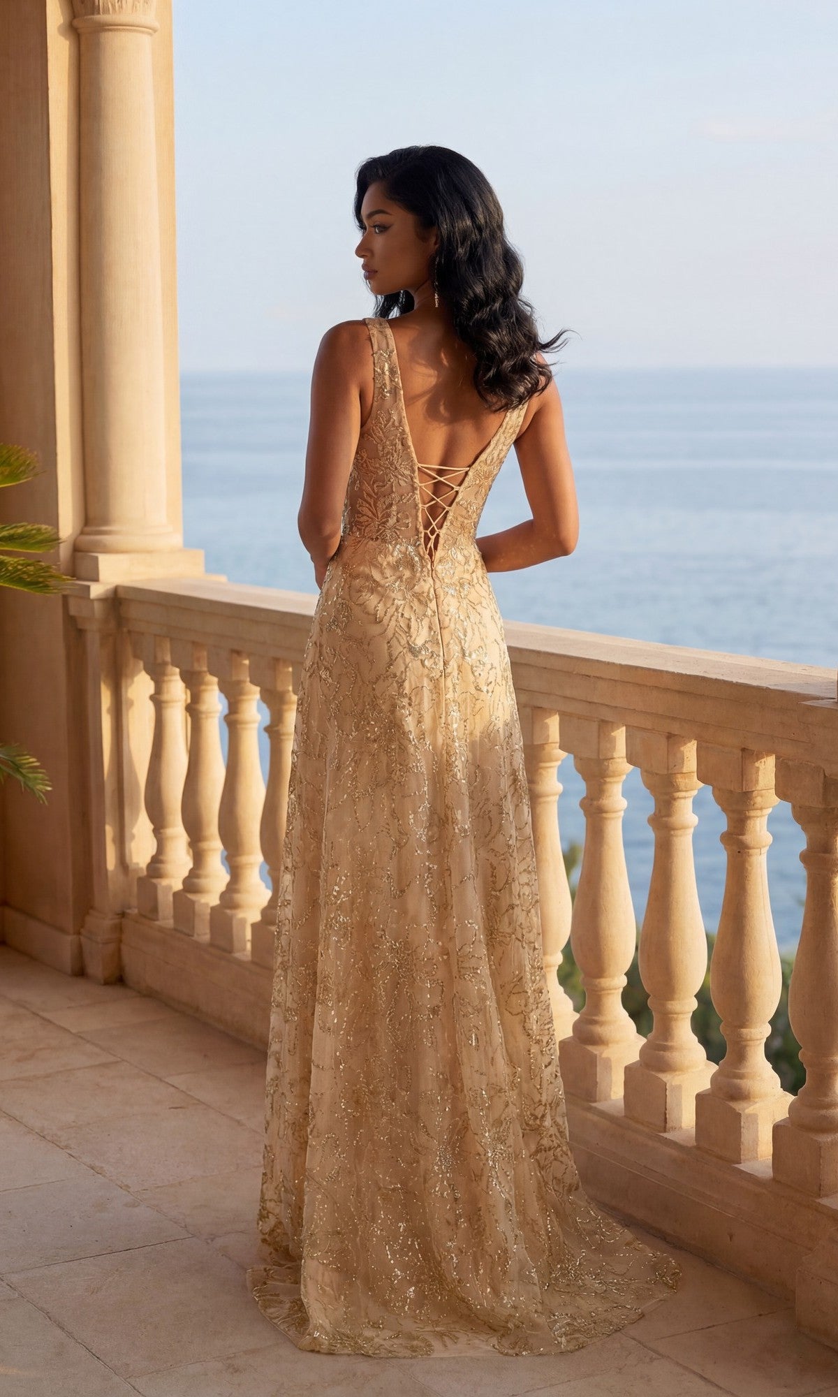 Long Glitter-Print Prom Dress with Sheer Overskirt – PromGirl